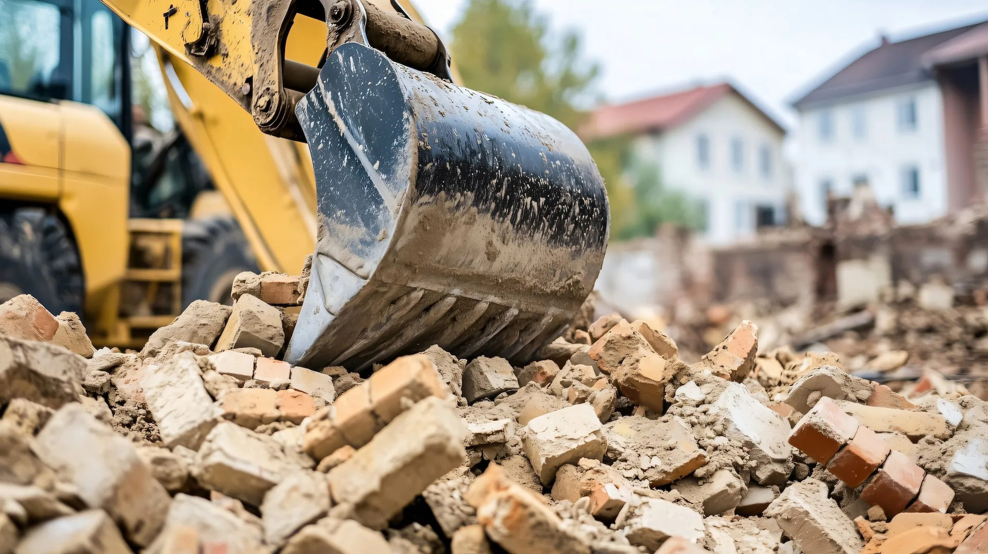 Excavator Bucket Picking Up Pile Of Bricks During Demolition Work